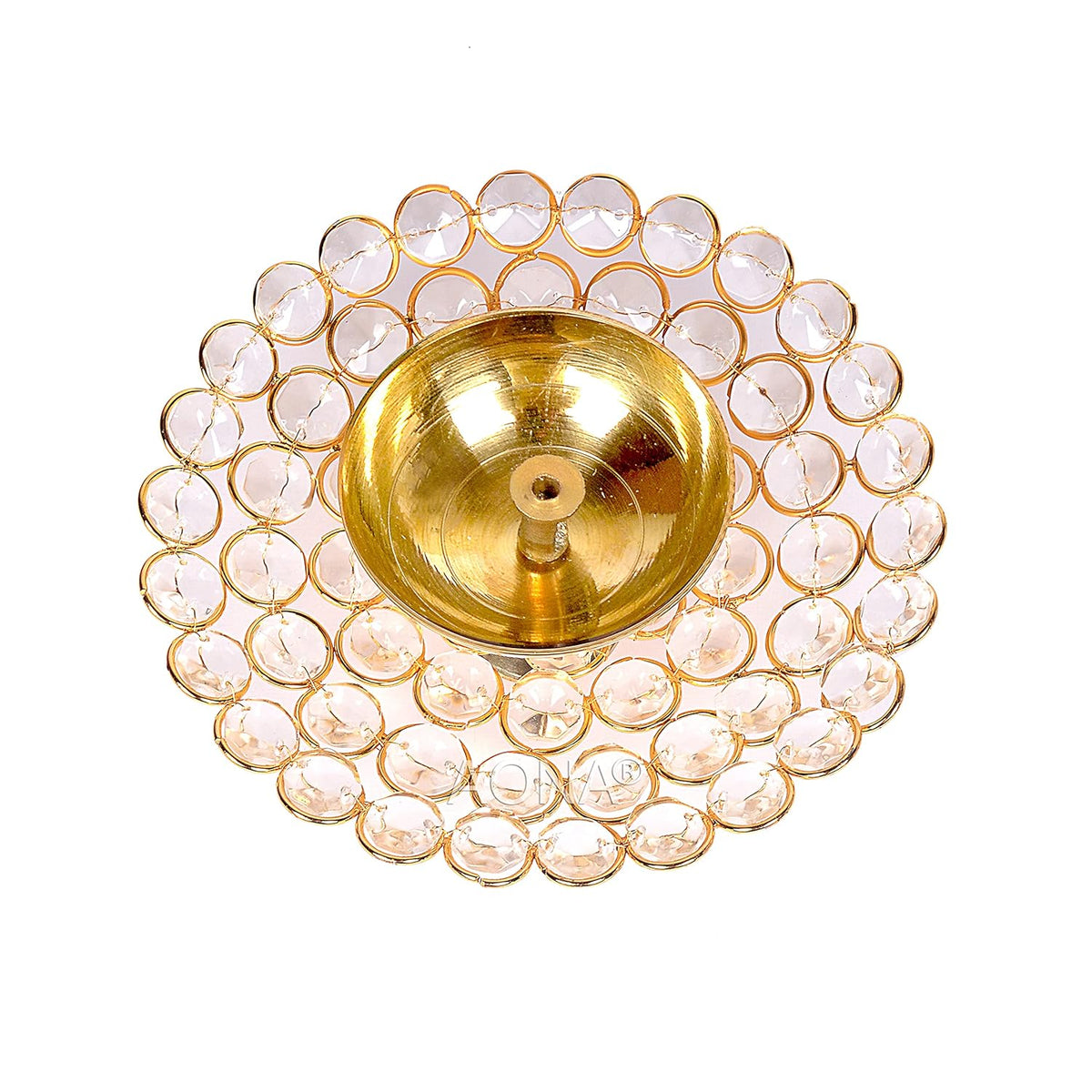 Gold brass lotus-shaped oil deepam with raised bowl and clear crystal ring border
