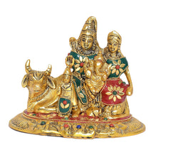 Metal Shiva Parvati Kartikeya & Ganesha with Nandi figurine, close front view with colorful panels