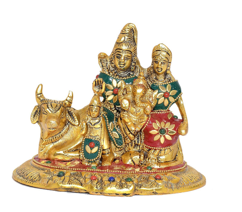 Metal Lord Shiva Parvati Kartikeya and Ganesha with Nandi Murti Shiv Family Parivar Idol Statue for Home Décor Mandir Temple Gift Showpiece (Height 5.5 Inch)