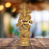 Brass Radha idol statue kneeling holding an ornament, detailed crown and jewelry