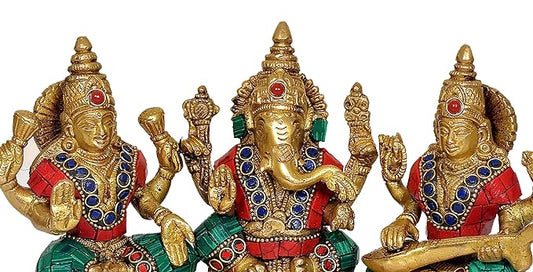 Brass Lakshmi Ganesh Saraswati Statue Idol for Showpiece for Home Decor Diwali Pooja | Height : 6.5 inches