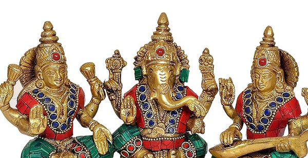 Brass Lakshmi Ganesh Saraswati Statue (Height: 6.5 inches) Entryway Setting