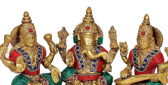 Brass Lakshmi Ganesh Saraswati Statue (Height: 6.5 inches)
