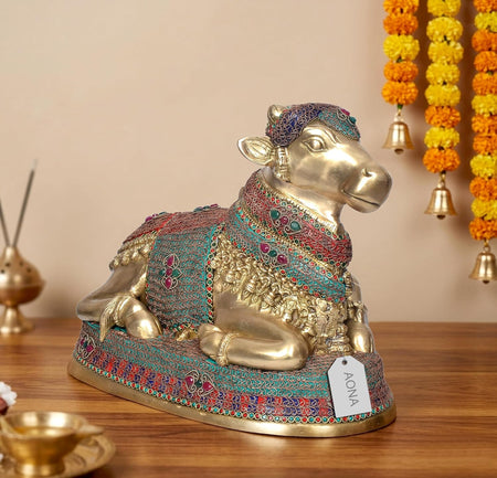 Brass Shiva Seated Nandi Statue Nandi Bull for Shiv Temple Showpiece and Home Decor Pooja Mandir (Height:13.5 Inches)
