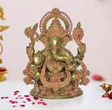 Brass Ganesha sitting idol, green finish, ornate halo, hands raised, 20 inch height