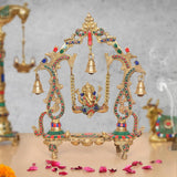 Brass Ganesha playing swing idol, multicolor enamel with hanging bells and ornate arches