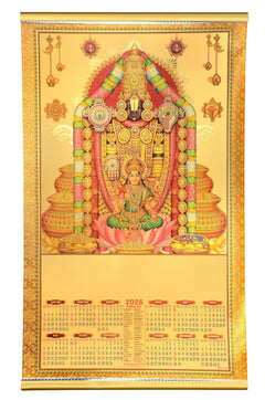 Tirupati Balaji 2026 wall calendar with gold garland deity illustration and calendar grid