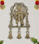 Bronze Panchmukhi Hanuman wall idol with detailed face, halo, and three hanging bells.