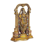 Tirupati Balaji idol three-quarter view, ornate arch with colorful bead accents