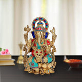 Messing-Ganesha-Idol mit Handflächen, Trommelhalter und mehrfarbigem Gewand