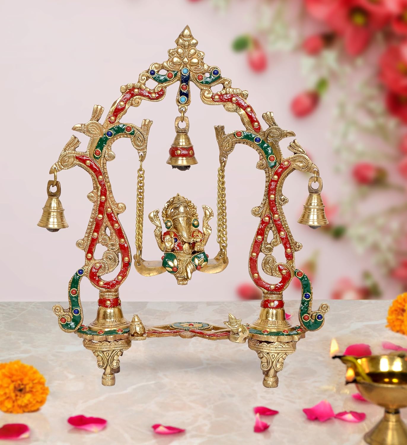 Brass Ganesha Playing On Swing Ganesha Jhula Decorative Showpiece Multicolour (Height 14 Inch)