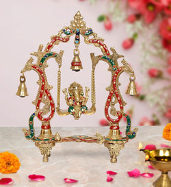 Brass Ganesha Playing On Swing Ganesha Jhula Decorative Showpiece Multicolour (Height 14 Inch)