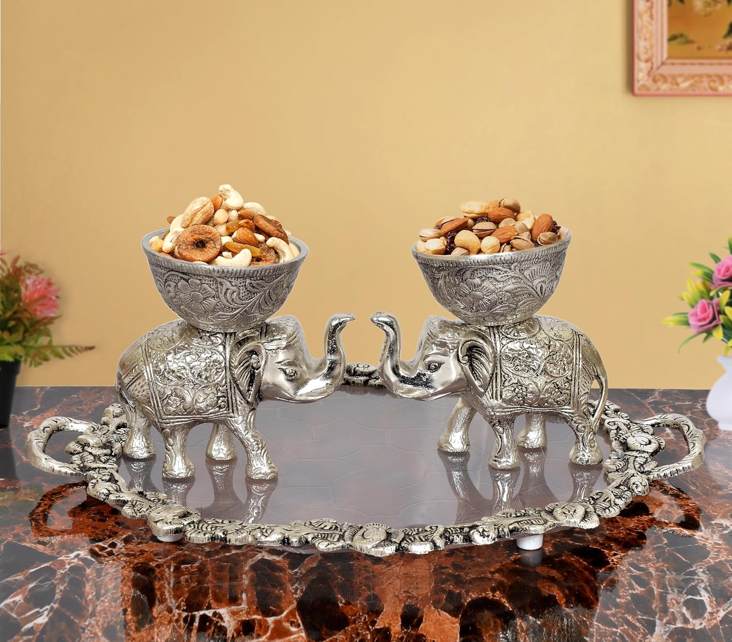 Metal Elephant Dry Fruit Bowl with Tray Silver Polish for Home Decor Room Table & Gift Diwali,Raksha Bandhan (Height: 5 inch)