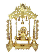 Gold-tone brass Ganesha swing with three bells above seated deity, tall columns