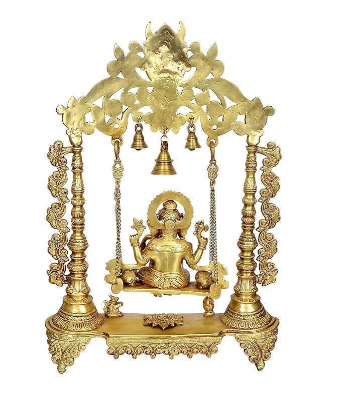 Brass Lord Ganesha Swing with Three Bells Idol Figurine Showpiece Home Office Temple Decor Golden Height