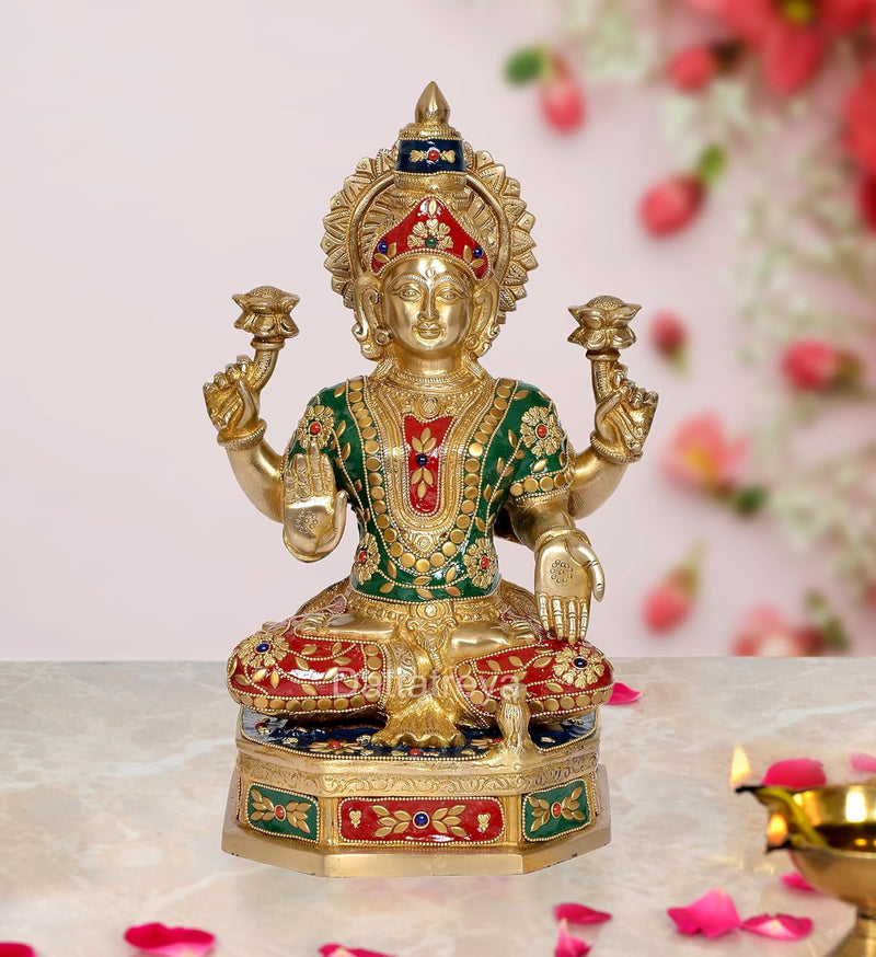 Brass Lakshmi Statue - Goddess Laxmi Idol for Home Decor and Pooja - Hindu Goddess of Wealth Figurine (Height 13 Inch)