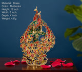 Brass peacock figurine, 12 in tall, multicolor jeweled fan design