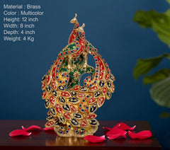 Brass peacock figurine, 12 in tall, multicolor jeweled fan design