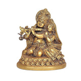 Brass Radha-Krishna figurine seated on asan, close view of faces, ornamented attire, 4 in