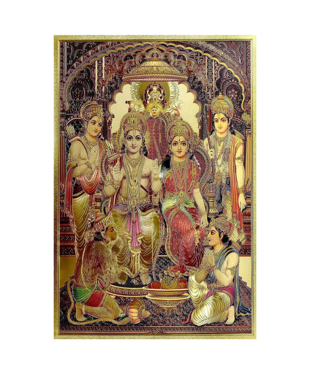 Ram Darbar wall poster, foil-plated artwork of multiple deities in ornate border
