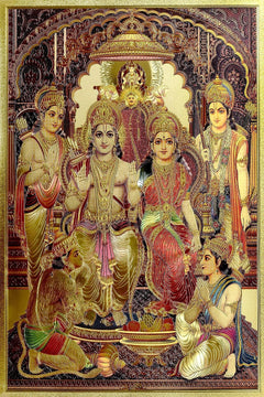 Ram Darbar wall poster, foil-plated scene with central deity and attendants in frame
