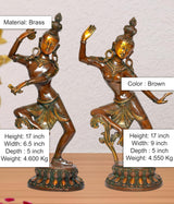 Brass dancing Shiva-Parvati idols, brown finish, 17 inch height, detailed round pedestal base
