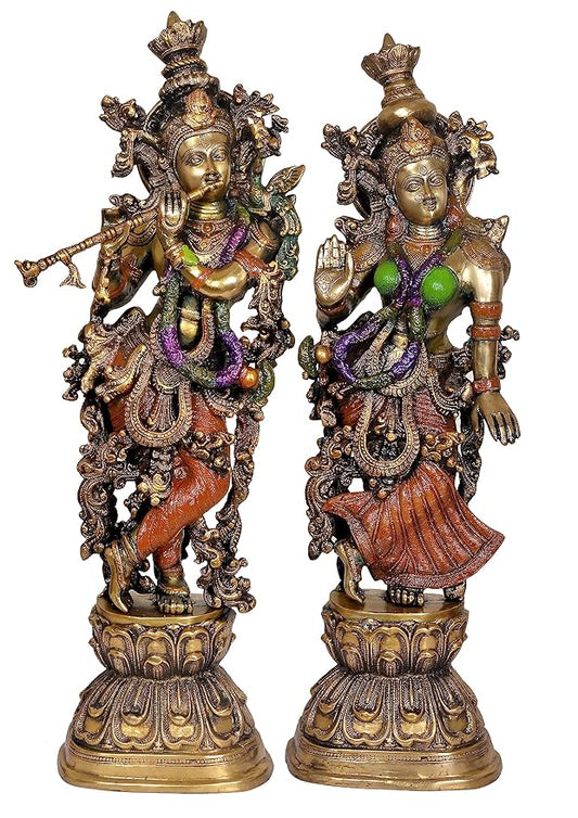 Brass Pair of Radha Krishna Brass Radha Kishan in aashirwad Mudra Murti Idol Statue Sculpture Multicololur, Height : 29 inches