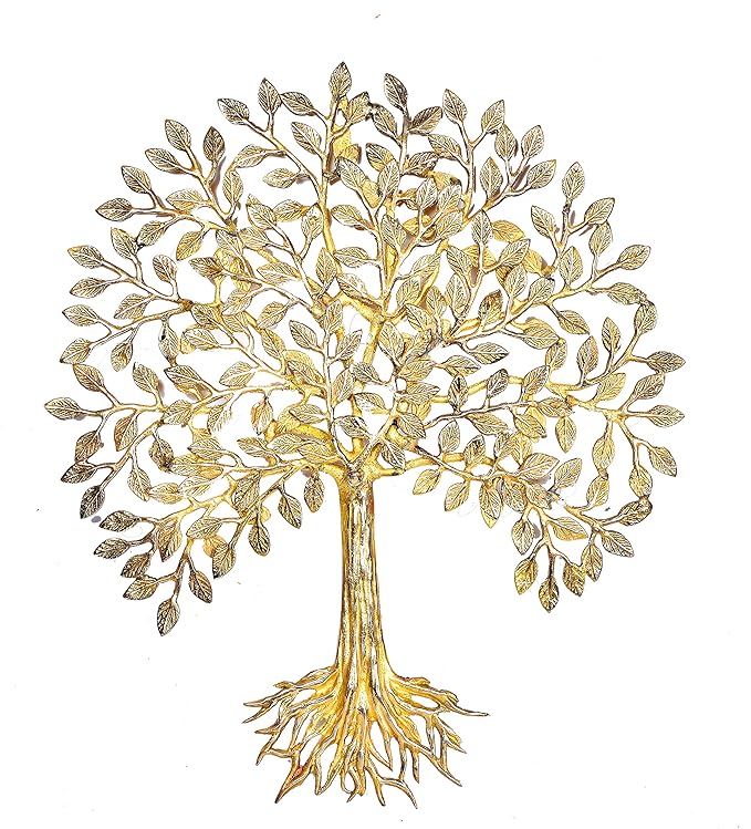 Golden brass root tree wall hanging decor with detailed leaves and trunk, 19 in