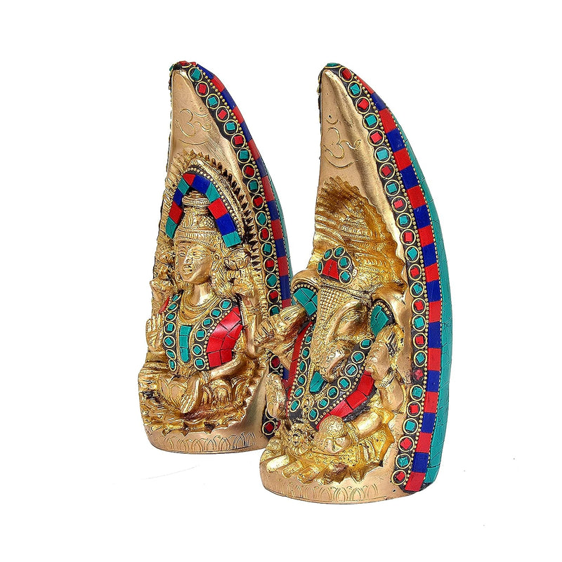 AONA Brass Ganesh and Lakshmi Statue Idol in Elephant Teeth in Sitting Position Giving Blessings | Height : 7.5 inches (Multicolor)