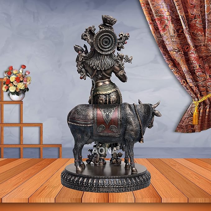 Large Krishna Idol Playing Flute On The Back Kamdhenu Cow - Statue Showpiece Murti for Home Office Height 10.5 inches