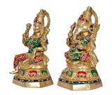 Seitenansicht Messing-Laxmi-Ganesh-Statue, goldfarbene Ganesha- und Lakshmi-Figuren