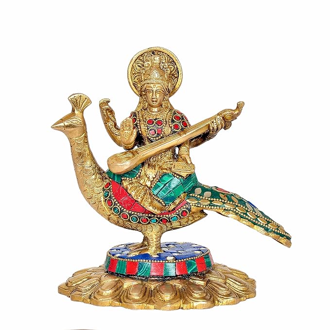 Brass Saraswati Statue Idol On Swan Playing Sitar for Home Decor | Height : 7 Inches (Multi Green) Craft Detail