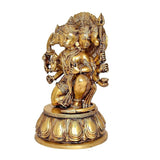 Brass Panchmukhi Hanuman idol, side view, detailed jewelry, multiple arms and ornaments