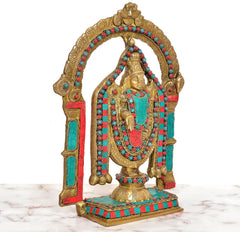 Gold-tone brass Tirupati Balaji idol, detailed face and layered multicolor arch