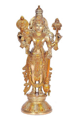Gold-tone Vishnu idol statue, detailed headdress and four-armed pose on pedestal