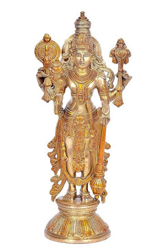 Gold-tone Vishnu idol statue, detailed headdress and four-armed pose on pedestal