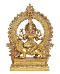 Brass Durga maa statue, multi-armed goddess with lion and detailed arched halo
