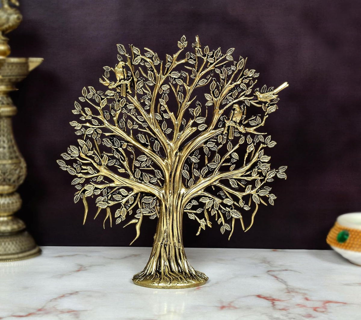 Bronze Kalpavriksha tree standing figurine with detailed leafed branches