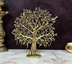 Bronze Kalpavriksha tree standing figurine with detailed leafed branches
