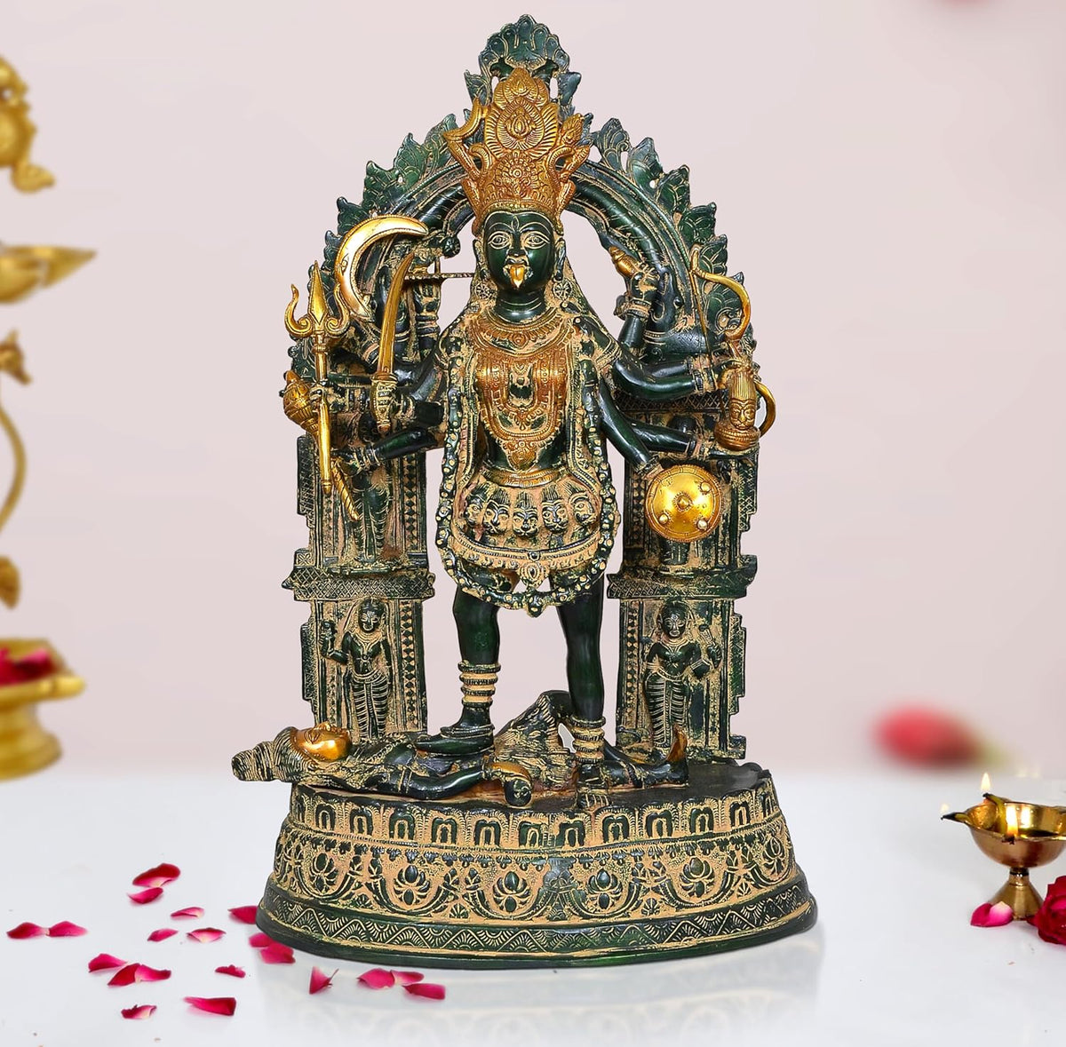 Mahakali Mata brass idol with gold crown, four arms, ornate detailed base