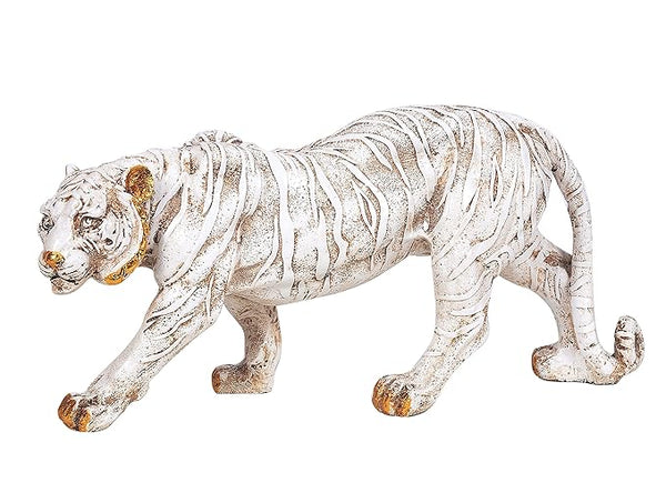 Resin Tiger Statue Walking Tiger Antique and Home Décor - 4 x 6.5 x 13 Inches, Off White