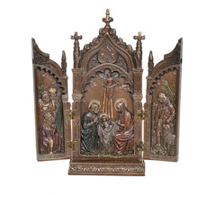 Resin church gate statue front view: Jesus at center with side saint panels.