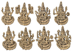 Brass Ashtalakshmi wall hanging set of 8, front-facing goddess reliefs in rows