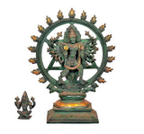 Brass idol of Sudarshana & Narashima with circular halo frame and square base