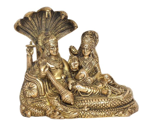 Maa Lakshmi with Lord Vishnu On Sheshnag Idol Statue for Home Mandir Temple Office Decor - (Brass, Height 6.5 Inch)