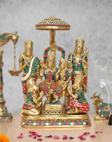 Brass Ram Darbar statue: central deity under jeweled canopy with four painted figures, 15 in