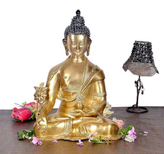Brass Buddha statue in meditation pose, 15 inches tall