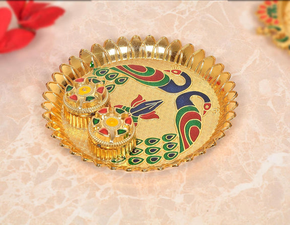 Gold pooja thali tilak plate with two decorated bowls, peacock motif, 5.5 in