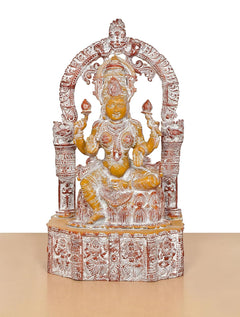 Lakshmi-Skulptur aus Messing, sitzend auf reich graviertem Podest
