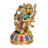 Brass Panchmukhi Hanuman idol, three-quarter view, jeweled crown and ornate multi-color base.